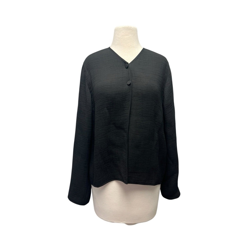 Eileen Fisher Black Silk Blend Sponge 2 Button Jacket Small‎ Textured Minimalist